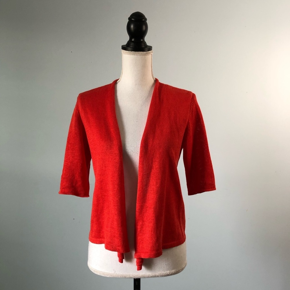 EILEEN FISHER | Red Linen 3/4 Sleeve Lightweight Open Cardigan Sz SP
